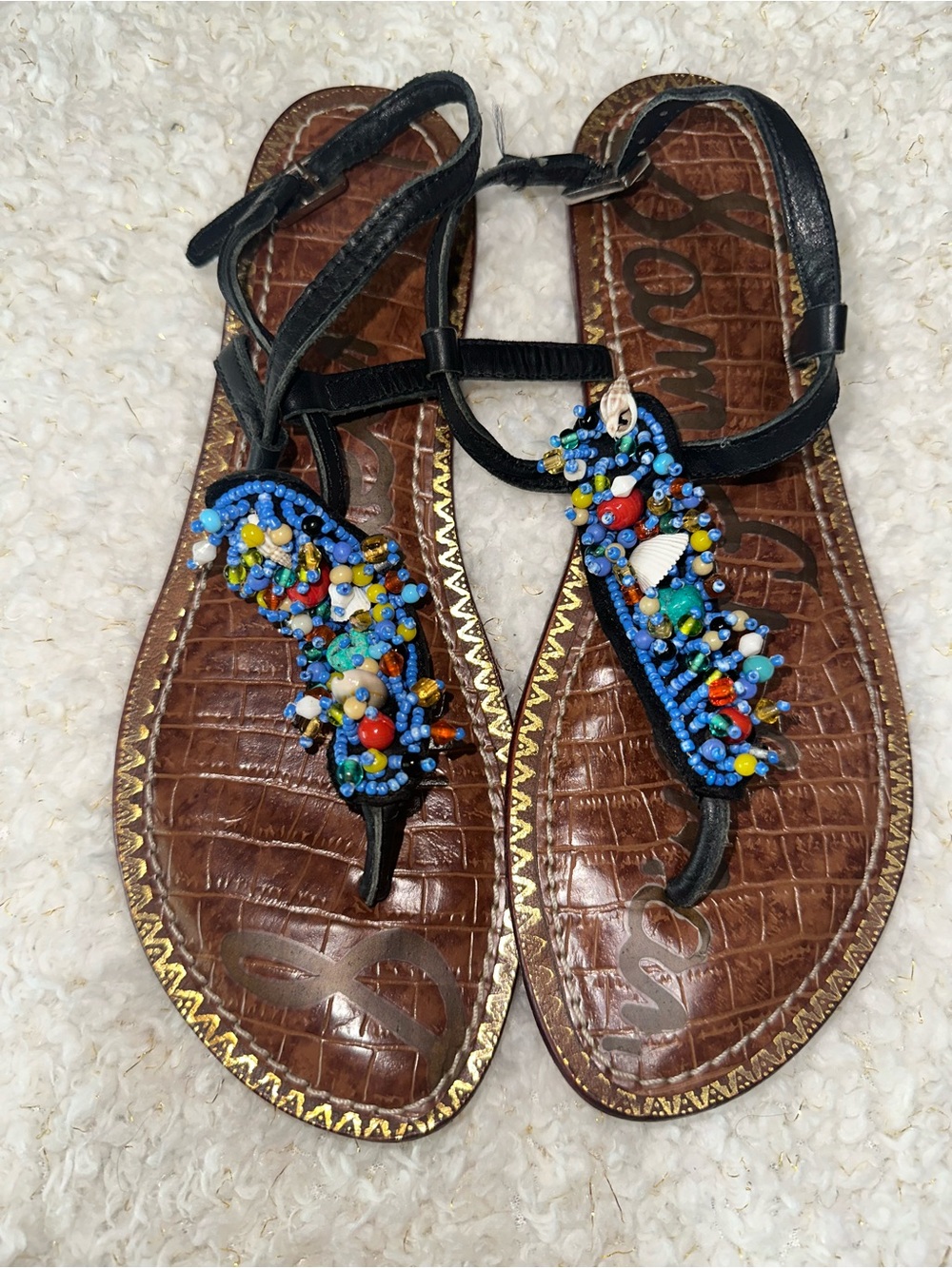 SAM EDELMAN Hand-Beaded Blue Multi Bead Brown Leather Sandals - Women